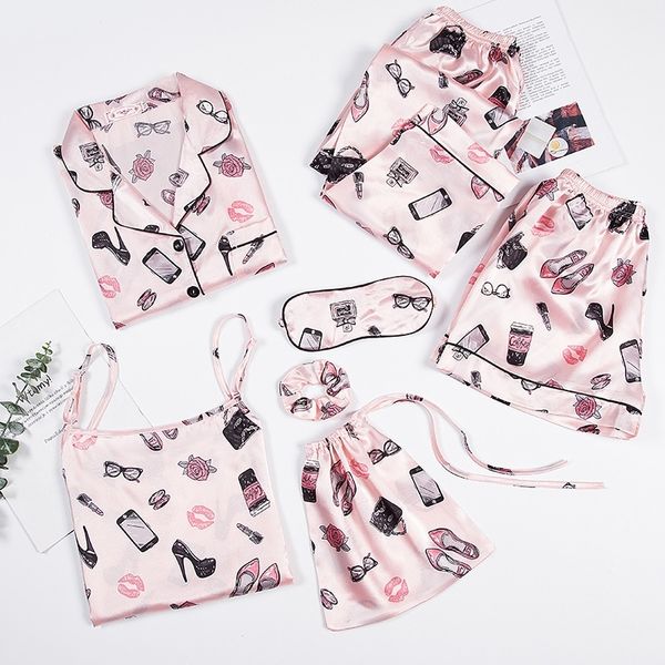 Canção de Julho Nova Moda 7 Peças Pijamas Sets Faux Silk Mancha Bonito Padrão Pijama Sexy Sling Shorts Manga Longa Calças Sleepwear 210320