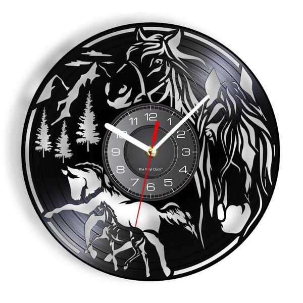 

wall clocks wild horses animals record clock equestrian horseshoe decor equine carved art silent quartz