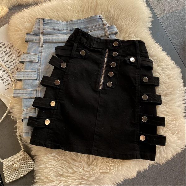 

spring and summer fashion slim women skirt high waist wild breasted a line denim, Black
