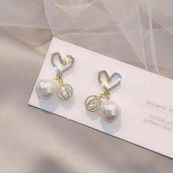 

linmouge pearl pendant earrigns for women hollow heart fashion cubic zircon female elegant trendy luxury jewelry ef201 stud, Golden;silver