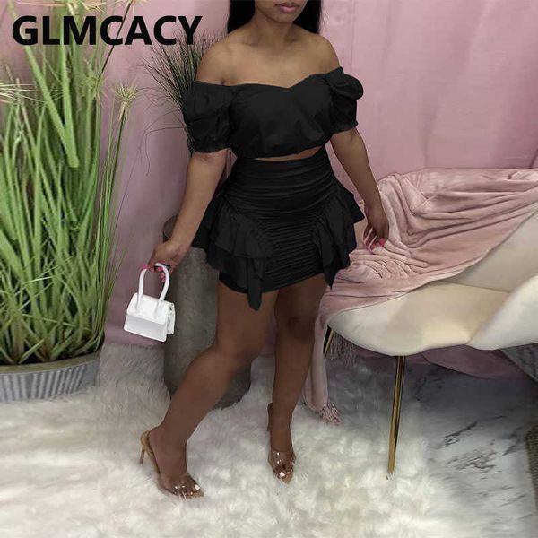 

two pieces sets women short sleeve & pleated bodycon skirts 210702, White