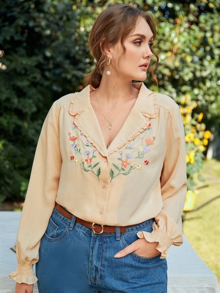 

plus floral embroidery frill trim f0pt#, Black