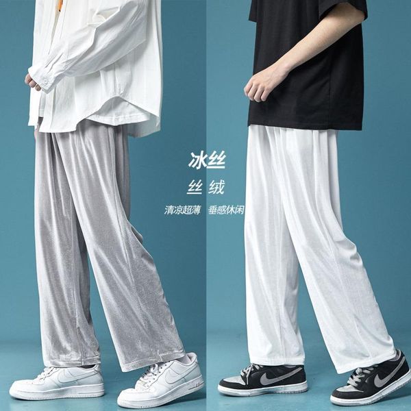

men's pants summer thin gold velvet casual fashion men streetwear loose hip-hop straight wide-leg mens s-2xl, Black