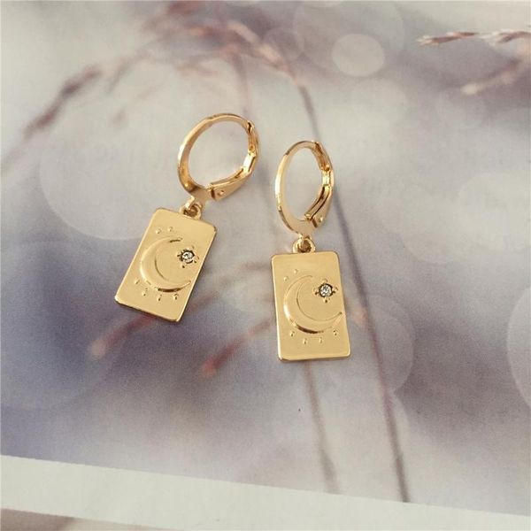 

hoop & huggie lovely gold color moon star engraved square charm earrings for women girl casual delicate celestial aster cute jewelry, Golden;silver