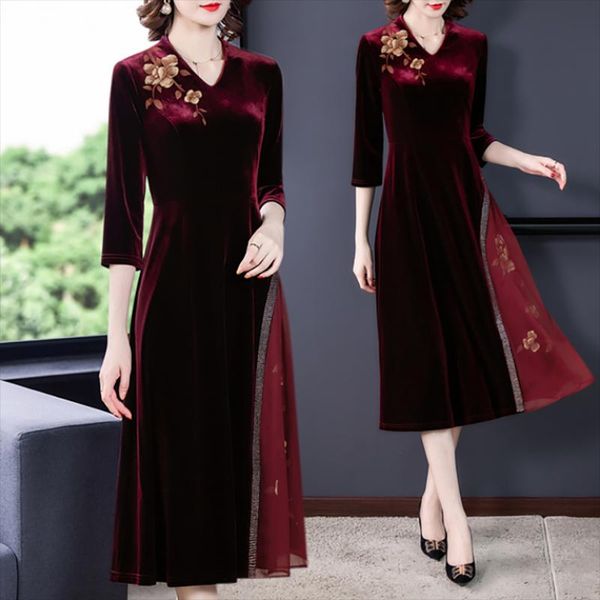 

casual dresses 2021 spring red floral golden velvet midi dress women elegant bodycon party evening vestido autumn korea vintage patchwork, Black;gray