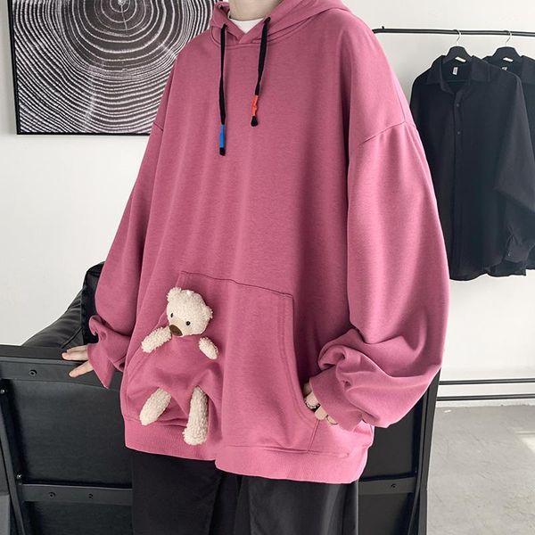 

men's hoodies & sweatshirts japanese style men oversize bear plus size solid color high street pullovers autumn loose pocket hooded, Black