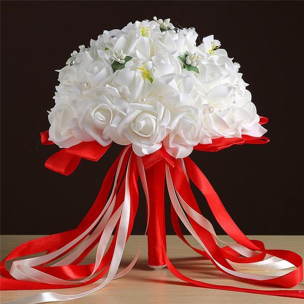 

wedding flowers bride holding flower foam simulation white rose bouquet red