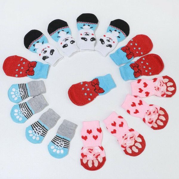 

dog apparel 4pcs pets dogs cat socks cute puppy pet knits anti slip skid bottom elasticity soft winter thick warm