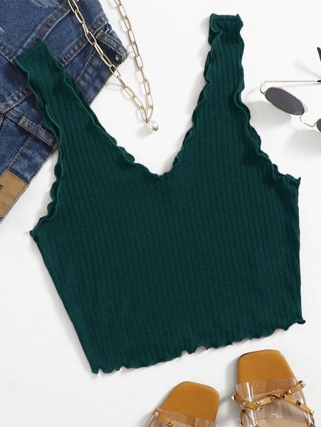 

solid rib-knit lettuce trim tank w69p#, White