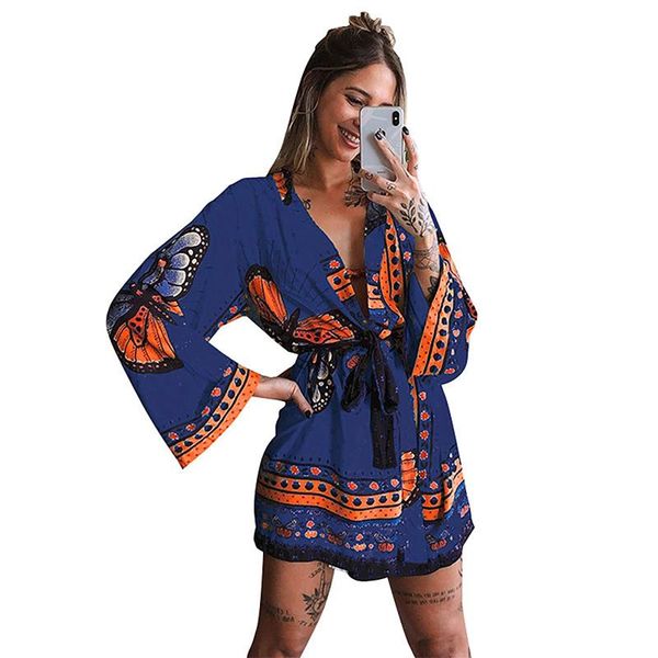 

casual dresses 2021 summer chiffon dress women vintage butterfly boho beach ruffle long sleeve a-line mini party vestidos, Black;gray