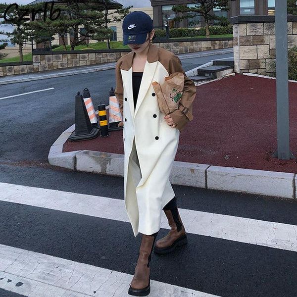 

women's trench coats women high street fashion ulzzang double breasted all-match notched korean style outwear lady teens bf long sleeve, Tan;black