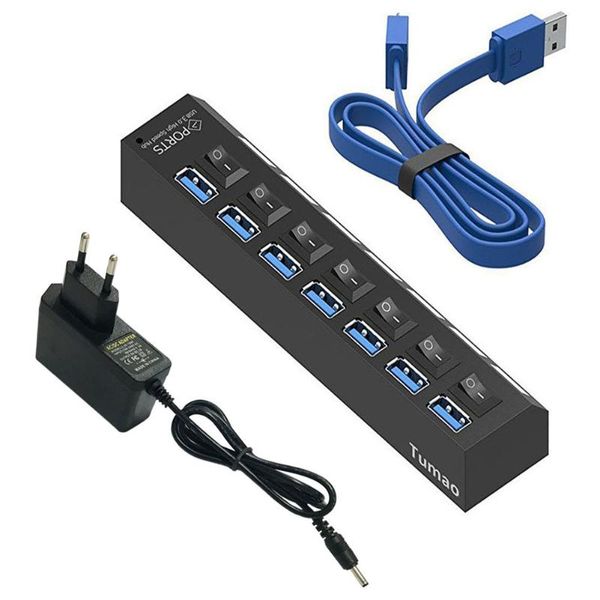 

hubs multi ports usb hub 3.0 4/7 portable super speed 5gbps multiple port expander with switches power adapter for pc