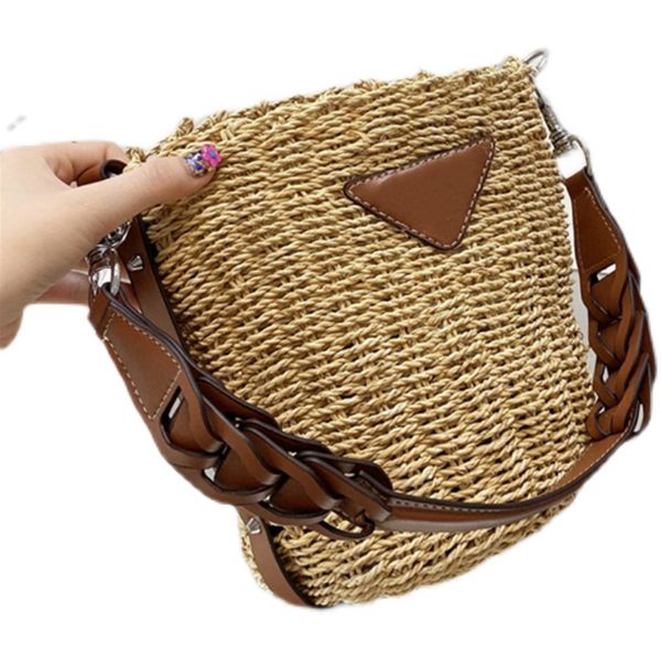 

women's 2021 sunshine straw woven bag leather woven portable underarm vegetable basket one-shoulder bucket bag