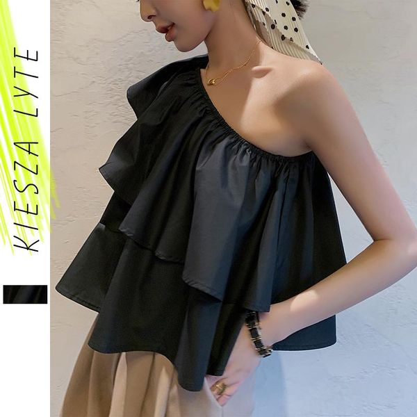 

women one shoulder crop solid black layered flounce blouse ladies party wear summer outfits fashion tshirt women's blouses & shirt, White