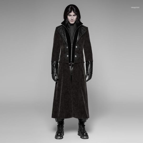 

men's wool & blends punk rave detachable gentleman style jacket twill velveteen pu winter long coat1, Black