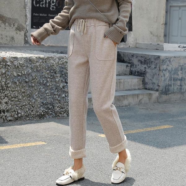 

women's pants & capris women wool pant fashion female soild thick warm high waist woolen harem casual pencil trousers 2021 autumn winte, Black;white