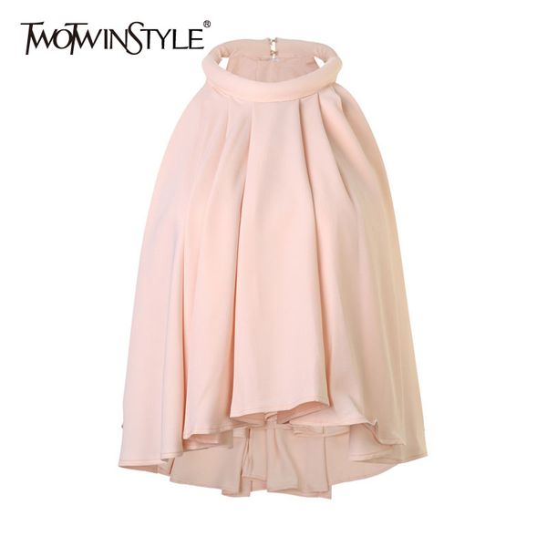 

pink ruched slim shirts for women stand collar sleeveless off shoulder casual korean blouses female summer fashion 210524, White