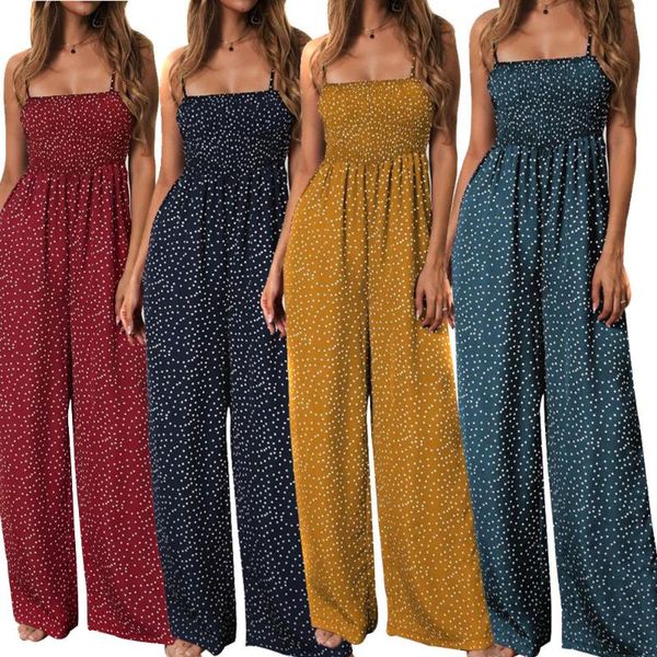 

women's jumpsuits & rompers women spaghetti strap polka dot wide leg loose jumpsuit playsuit for summer -opk, Black;white