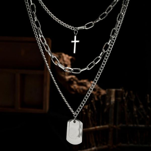 

chokers retro multi-layer stainless steel cross pendant necklace women's punk metal chain male fashion jewelry sale, Golden;silver