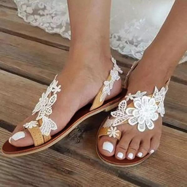 

dress shoes mujer sandals summer womens lace flower open toe casual flats comfortable roman feminino gladiator female, Black