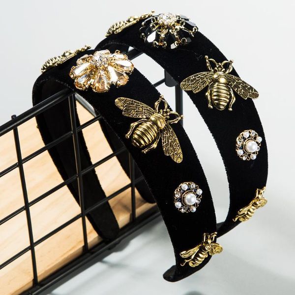 

retro black velvet bee hairband headband for women girls wide hair band head on female hoop flower pearl headwear1