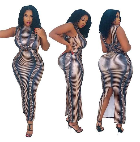 

casual dresses latest stripes print plus size lady bodycon dress sleeveless high waist ankle-length lady's split clubwear party, Black;gray