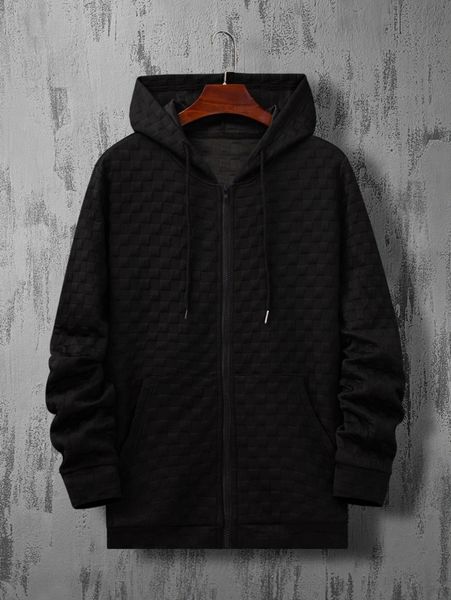 

men textured drawstring zipper hooded jacket 48i4#, Black;brown