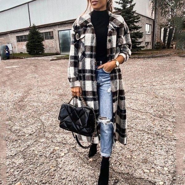 

women's trench coats product female fashion casual long plaid coat single-breasted thick women spring and autumn, Tan;black
