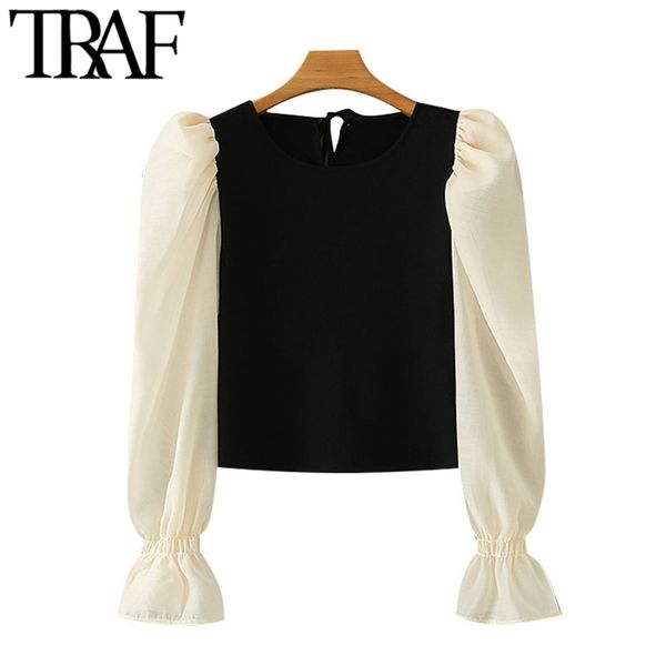 

women fashion patchwork cropped knitted blouses vintage puff sleeve back bow tied female shirts chic 210507, White