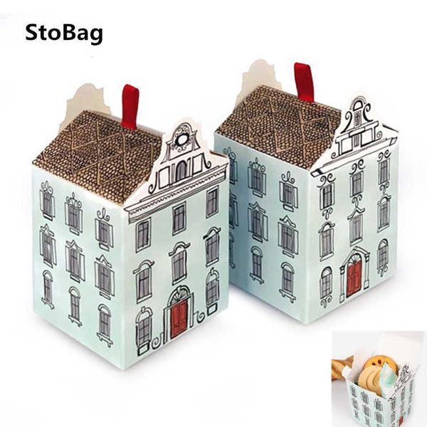 STOBAG 10PCS / LOTE 6.7X6.7X7.5cm Casa forma biscoitos artesanais embalando a caixa de papel azul Presente especial suprimentos 210602