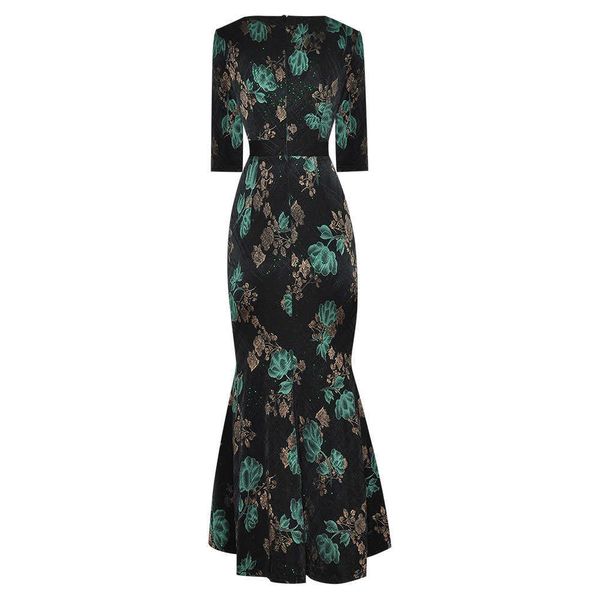 

est designer runway fashion 3/4 sleeve jacquard mermaid dress 210526, Black;gray