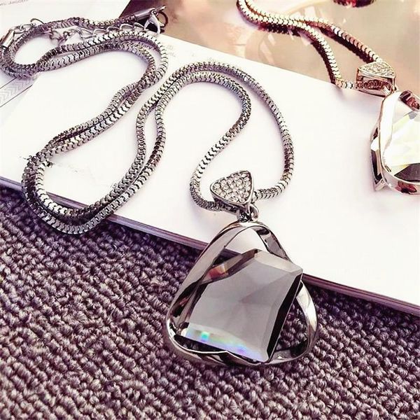 

simple geometric crystal long necklace women fashion jewelry classic sweater necklaces & pendants cute gift pendant, Silver
