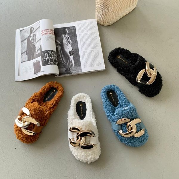 

gold chain fur slides women round toe metal buckle outdoor slippers faux fluffy wool flip flops, Black