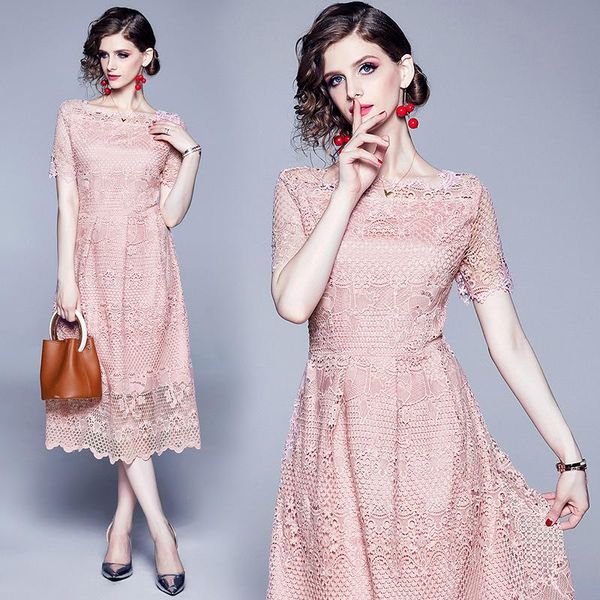 

casual dresses elegant water-soluble lace high waist slim medium-length collar dress fashion celebrity, Black;gray
