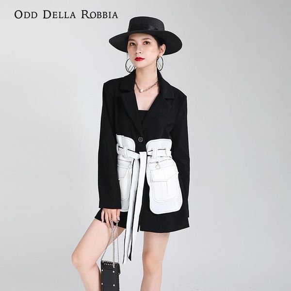 

women's suits & blazers odddellarobbia 2021 women vintage black white stitching contrast color belt waist coat mid-length single-breast, White;black