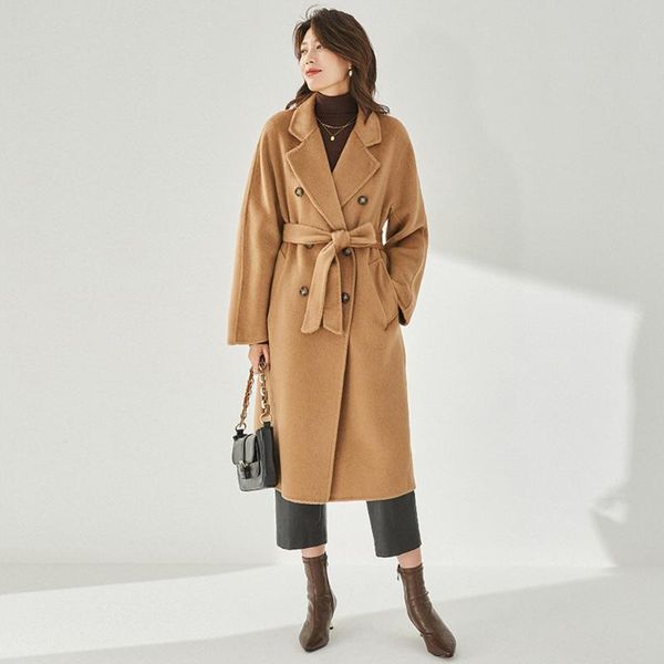 

women's wool & blends 100% lambsdown coats max loose belted double breasted coat winter clothes for women black long camel warm outerwe