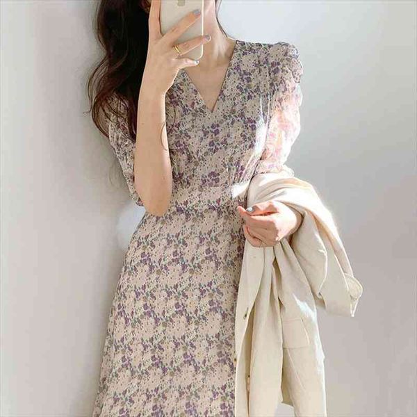 

one-piece korean chic floral chiffon long dress female summer gentle vintage v-neck puff sleeve street dress casual dresses, Black;gray