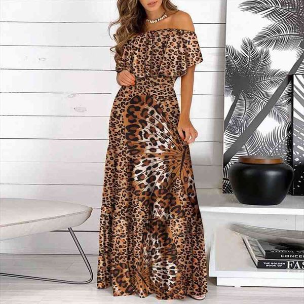 

casual elegant fashion leopard print long dress maxi sundress women summer ruffle slash neck short sleeve dresses length, Black;gray