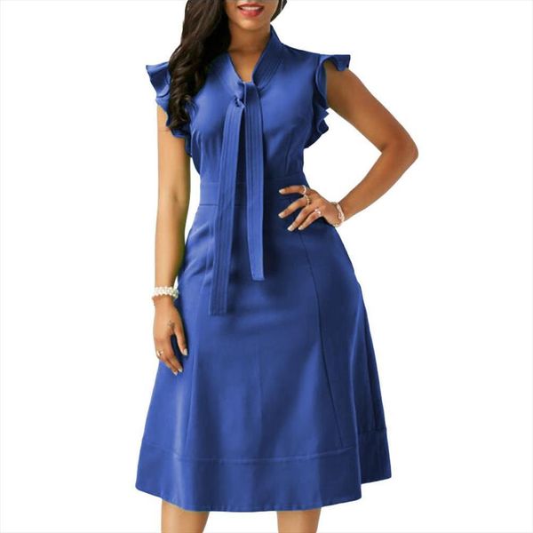 

evening party fashion solid women dresses color tie ruffled fly sleeve slim midi dress stylish and elegant, Black;gray