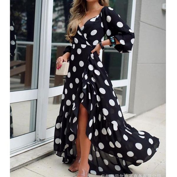 

casual dresses wepbel polka dot print split dress high waist v-neck party women long sleeve black big swing summer lace up, Black;gray