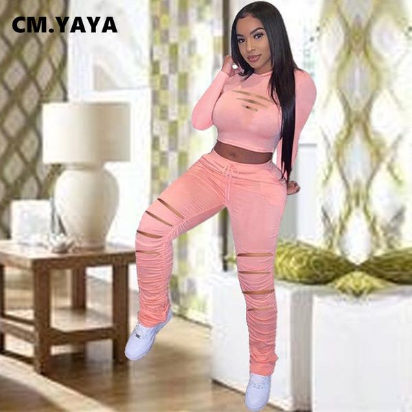 

solid full sleeve hole 2 piece set women crop and full length pleated pants o-ne dstring waist casual outfitsby air, White