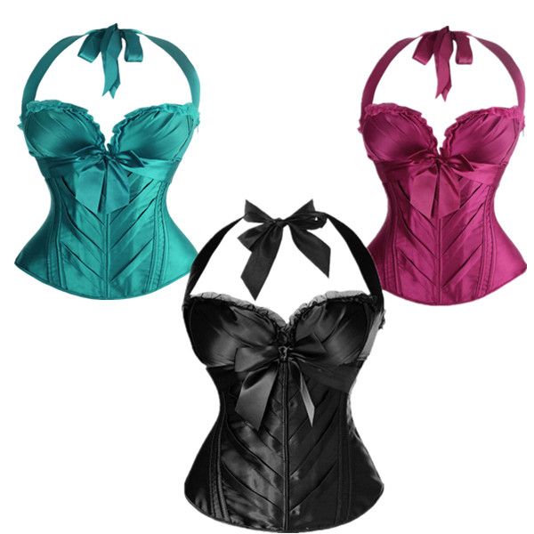

New Sexy Halter Corset Satin Hot cup Straps Bustier Push up Lingerie Waist cincher Clunwear Plus size -2XL, Champagne