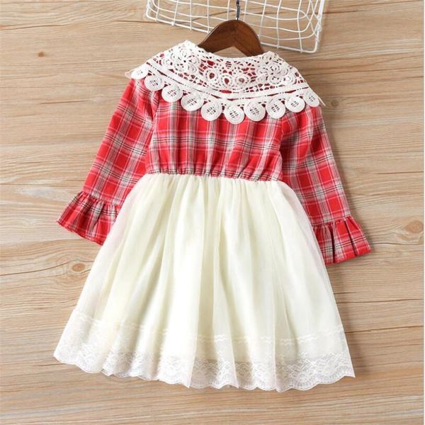 

girl's dresses 2021 spring and autumn girl dress long-sleeved plaid mesh sweet princess kids children clothing for 2 4 6 7 years old, Red;yellow