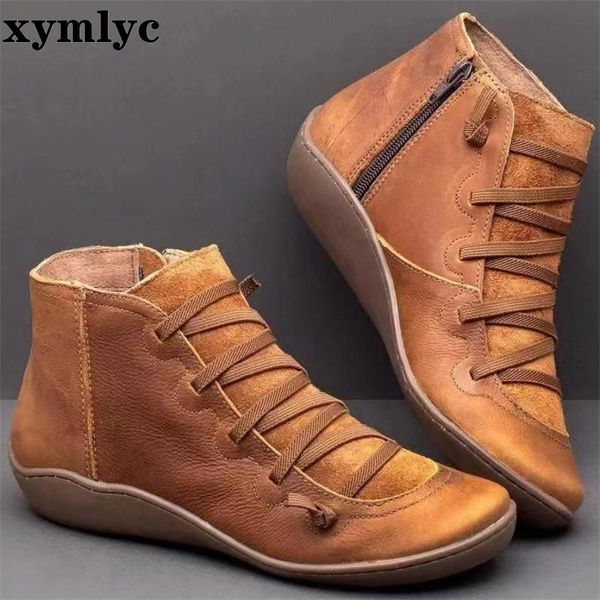 

boots 2021 autumn winter women's vintage leather flat waterproof shoes round toe ankle platform women, Black