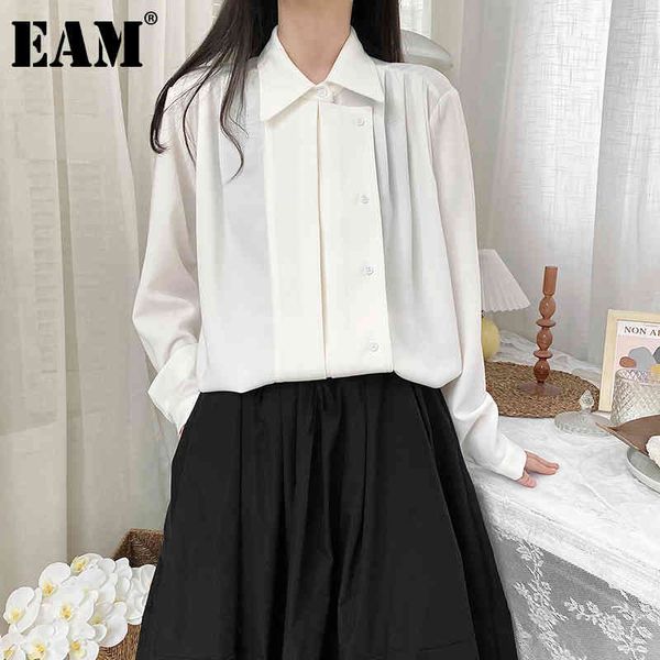 

[eam] women white casual pleated big size blouse lapel long sleeve loose fit shirt fashion spring summer 1dd8636 21512