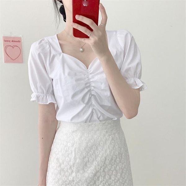 

women's blouses & shirts v neck puff short sleeve pleated design fresh elegant temperament solid womens korean fashion blouse wome, White