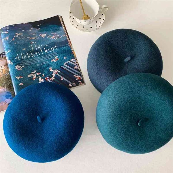 

luna&dolphin women wool british style berets autumn japanese korean wild models knitting artist cap winter painter beanie hat 210429, Blue;gray