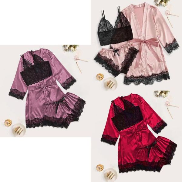 

women's sleepwear 3pc robe sleep suit womens lace satin pajamas gown set v-neck cami nighties wear pijama home nightwear spring nightdr, Black;red