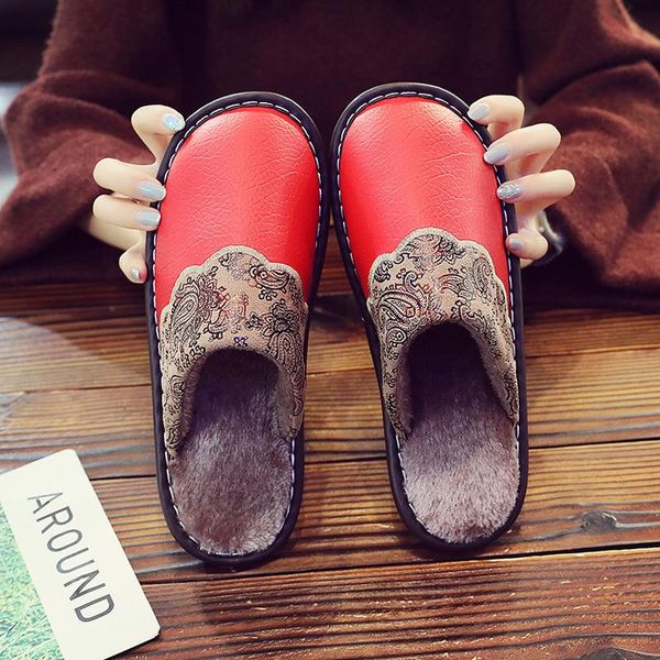 

women winter home slippers leather waterproof non slip couples female male plush warm indoor for, Black