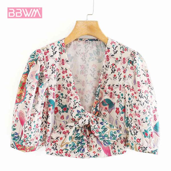 

slim puff sleeve v-neck chic female shirt summer wild french five-point sleeves elegant print knotted navel women's 210507, White